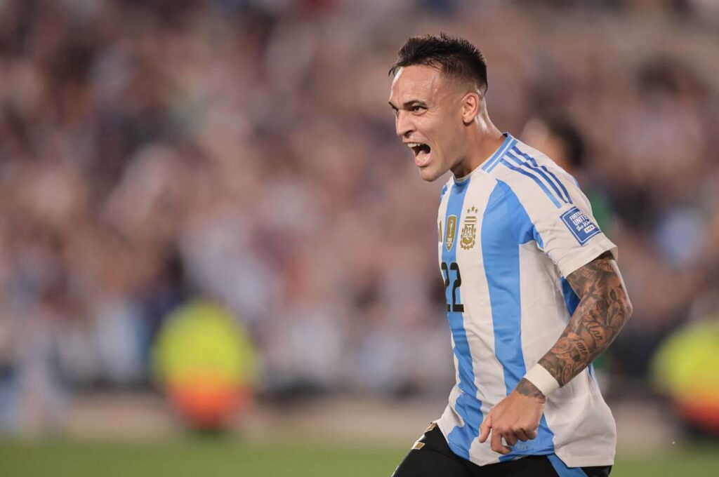 Lautaro Martinez celebrates his goal against Bolivia. Argentina's national football team delivered a stunning 6-0 victory over Bolivia during the 10th round of the South American World Cup Qualifiers at the Monumental Stadium in Buenos Aires, Argentina on October 15, 2024. Lionel Messi scored three goals and provided two assists, leading Argentina to 22 points and securing their spot at the top of the standings. Goals from Lautaro Martínez, Julián Álvarez, and Thiago Almada completed the dominant performance, which ended Bolivia's winning streak of three matches. (Photo by UNAR Photo/Sipa USA)